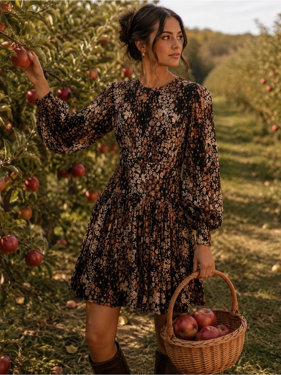 Free People Dresses & Skirts - Free People Black Floral Mini Dress with Brown and Cream Accents